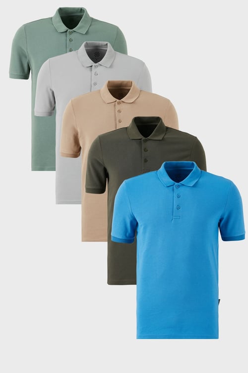 Pamuklu Regular Fit Düğmeli Polo Yaka 5'li Paket Erkek T Shirt 5902127S5 Haki-Elma Yeşili-Koyu Mavi-Kül-Vizon
