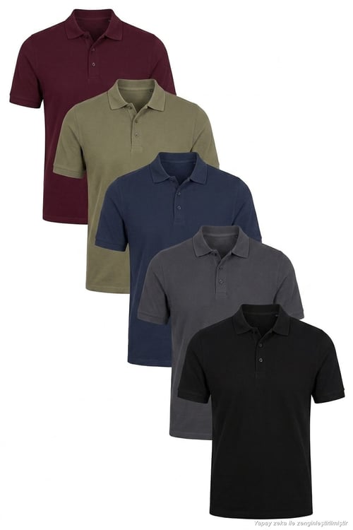 Pamuklu Regular Fit Düğmeli Polo Yaka 5'li Paket Erkek T Shirt 5902127S5 Siyah-Vişne-Antrasit-Haki-İndigo