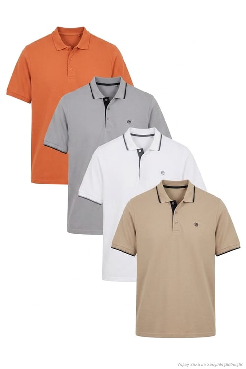Pamuklu Regular Fit Düğmeli Polo Yaka 4'lü Paket T Shirt Erkek Polo Yaka T Shirt 590211827S4 Beyaz-Taş-Vizon-Tarçın