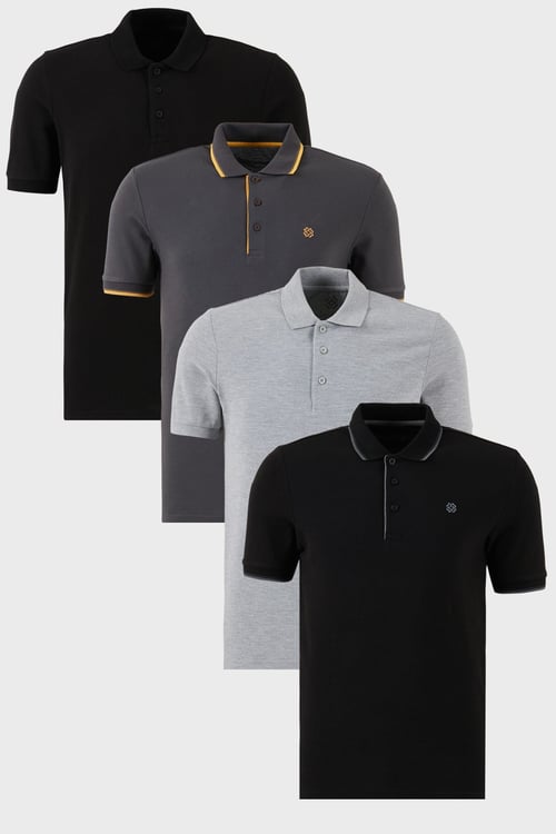 Pamuklu Regular Fit Düğmeli Polo Yaka 4'lü Paket T Shirt Erkek Polo Yaka T Shirt 590211827S4 Siyah-Siyah-Antrasit-Gri Melanj