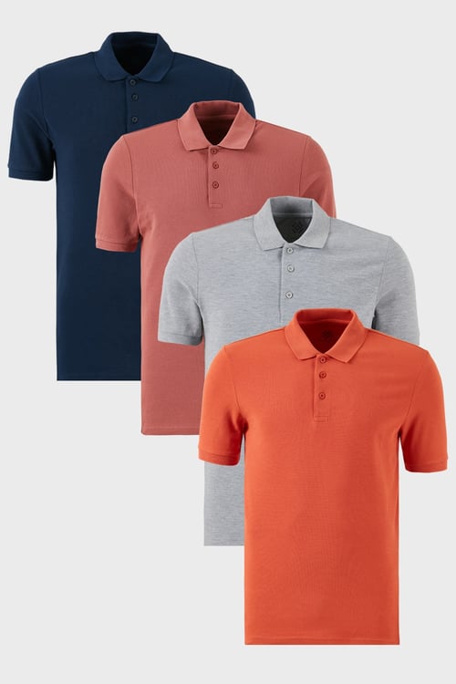 Pamuklu Regular Fit Düğmeli Polo Yaka 4'lü Paket Erkek T Shirt 5902127S4 İndigo-Gri Melanj-Tarçın-Gül