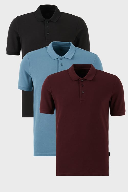 Pamuklu Regular Fit Düğmeli Polo Yaka 3'lü Paket Erkek T Shirt 5902127S3 Siyah-Vişne-Mavi