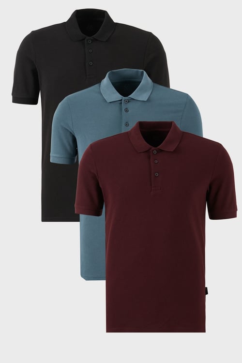 Pamuklu Regular Fit Düğmeli Polo Yaka 3'lü Paket Erkek T Shirt 5902127S3 Siyah-Vişne-Petrol