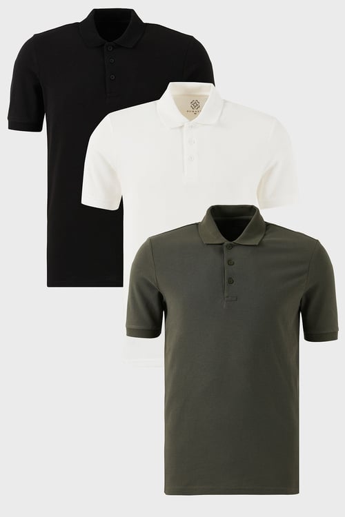 Pamuklu Regular Fit Düğmeli Polo Yaka 3'lü Paket Erkek T Shirt 5902127S3 SİYAH-BEYAZ-HAKİ
