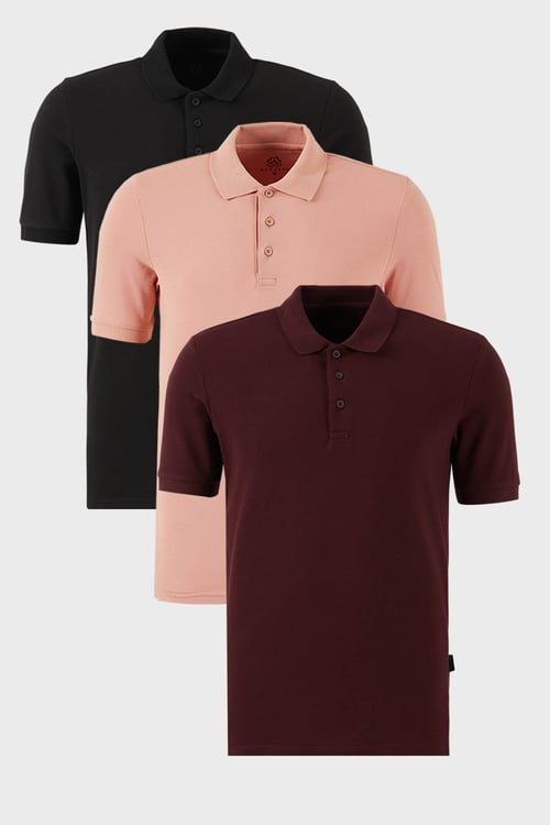 Pamuklu Regular Fit Düğmeli Polo Yaka 3'lü Paket Erkek T Shirt 5902127S3 Siyah-Vişne-Pudra