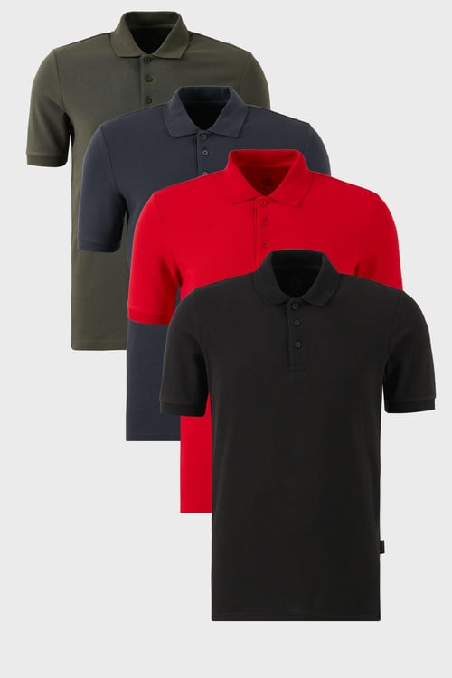 Pamuklu Regular Fit Düğmeli Polo Yaka 4'lü Paket Erkek T Shirt 5902127S4 Siyah-Kırmızı-Antrasit-Haki