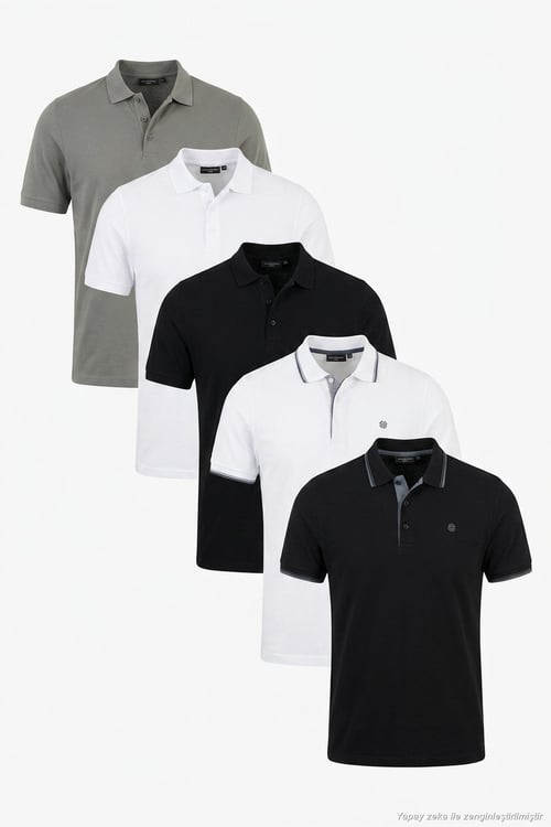 Pamuklu Regular Fit Düğmeli Polo Yaka 5'li Paket Erkek T Shirt 590211827S5 Siyah-Beyaz-Siyah-Beyaz-Haki