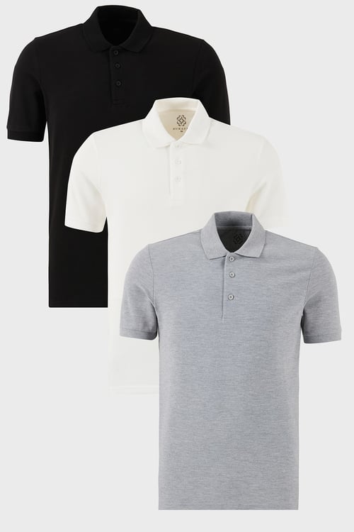Pamuklu Regular Fit Düğmeli Polo Yaka 3'lü Paket Erkek T Shirt 5902127S3 Siyah-Beyaz-Gri Melanj