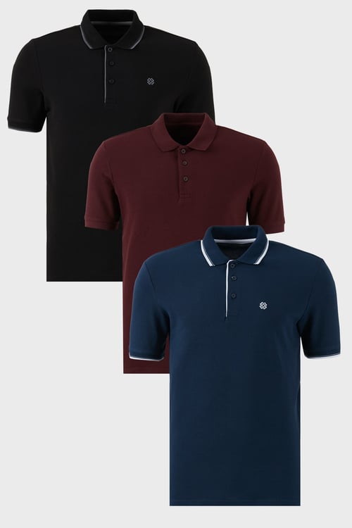 Pamuklu Regular Fit Düğmeli Polo Yaka 3'lü Paket Erkek T Shirt 590211827S3 İndigo-Siyah-Vişne