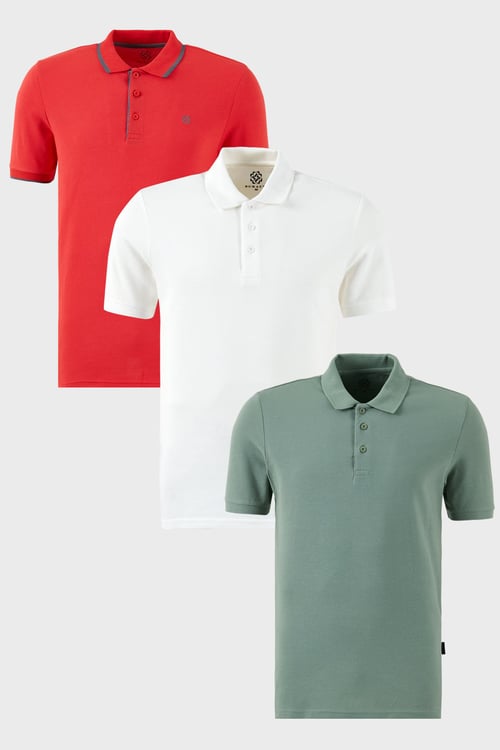 Pamuklu Regular Fit Düğmeli Polo Yaka 3'lü Paket Erkek T Shirt 590211827S3 Kırmızı-Beyaz-Elma Yeşili