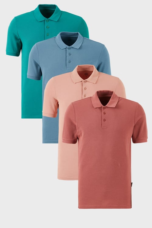 Pamuklu Regular Fit Düğmeli Polo Yaka 4'lü Paket Erkek T Shirt 5902127S4 Mavi-Pudra-Benetton-Gül