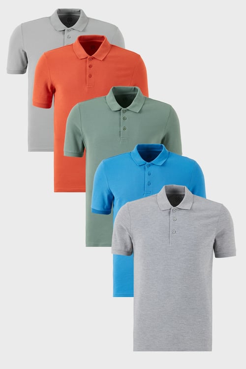 Pamuklu Regular Fit Düğmeli Polo Yaka 5'li Paket Erkek T Shirt 5902127S5 Gri Melanj-Tarçın-Elma Yeşili-Koyu Mavi-Kül