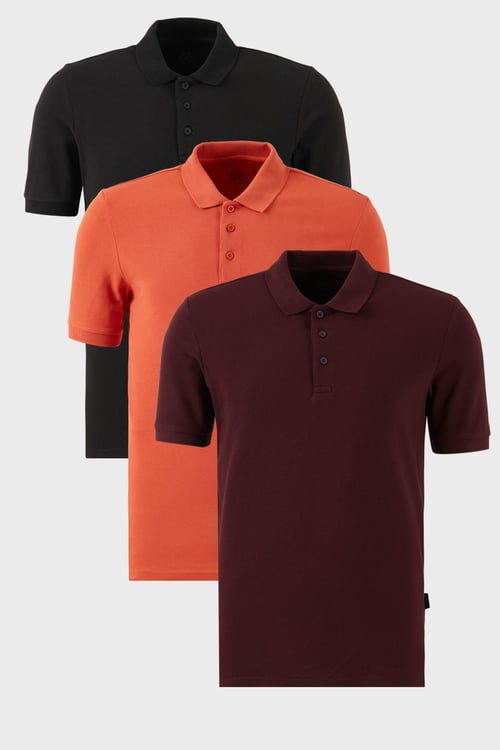 Pamuklu Regular Fit Düğmeli Polo Yaka 3'lü Paket Erkek T Shirt 5902127S3 Siyah-Vişne-Tarçın