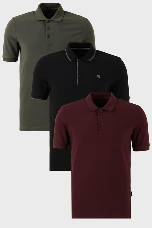 Pamuklu Regular Fit Düğmeli Polo Yaka 3'lü Paket Erkek T Shirt 590211827S3 Vişne-Haki-Siyah