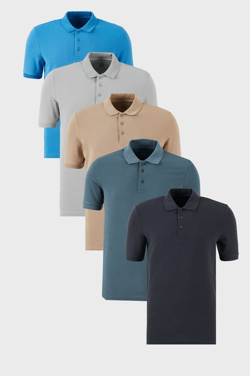 Pamuklu Regular Fit Düğmeli Polo Yaka 5'li Paket Erkek T Shirt 5902127S5 Antrasit-Koyu Mavi-Kül-Petrol-Vizon