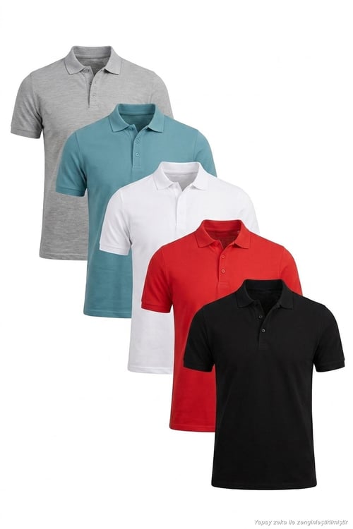 Pamuklu Regular Fit Düğmeli Polo Yaka 5'li Paket Erkek T Shirt 5902127S5 Siyah-Beyaz-Kırmızı-Gri Melanj-Mavi