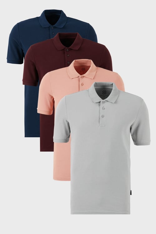 Pamuklu Regular Fit Düğmeli Polo Yaka 4'lü Paket Erkek T Shirt 5902127S4 Vişne-İndigo-Pudra-Kül