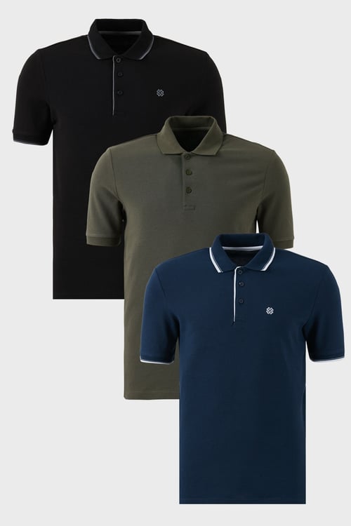 Pamuklu Regular Fit Düğmeli Polo Yaka 3'lü Paket Erkek T Shirt 590211827S3 İndigo-Siyah-Haki