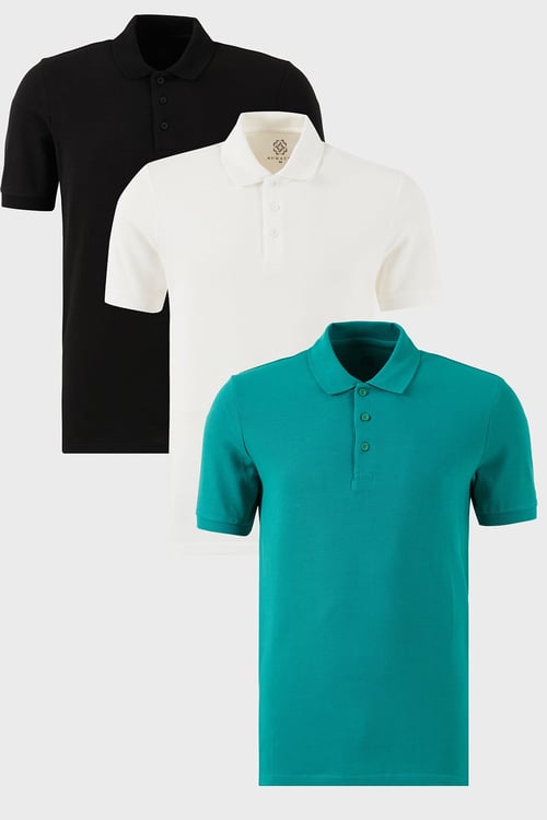 Pamuklu Regular Fit Düğmeli Polo Yaka 3'lü Paket Erkek T Shirt 5902127S3 Siyah-Beyaz-Benetton