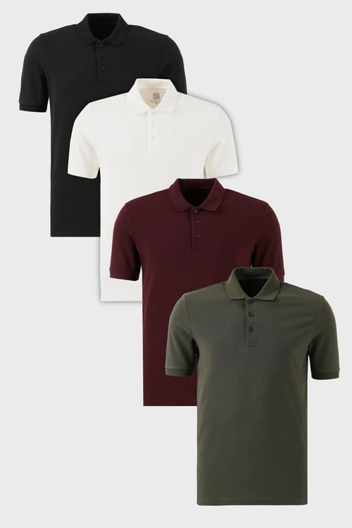 Pamuklu Regular Fit Düğmeli Polo Yaka 4'lü Paket Erkek T Shirt 5902127S4 Siyah-Beyaz-Vişne-Haki