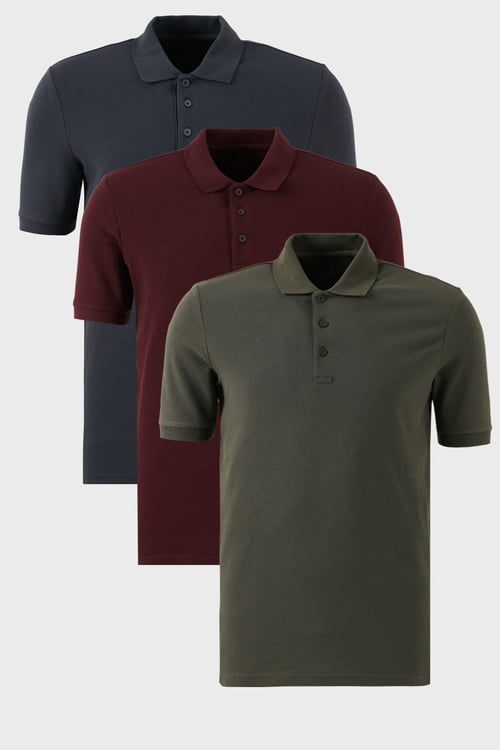 Pamuklu Regular Fit Düğmeli Polo Yaka 3'lü Paket Erkek T Shirt 5902127S3 Vişne-Antrasit-Haki
