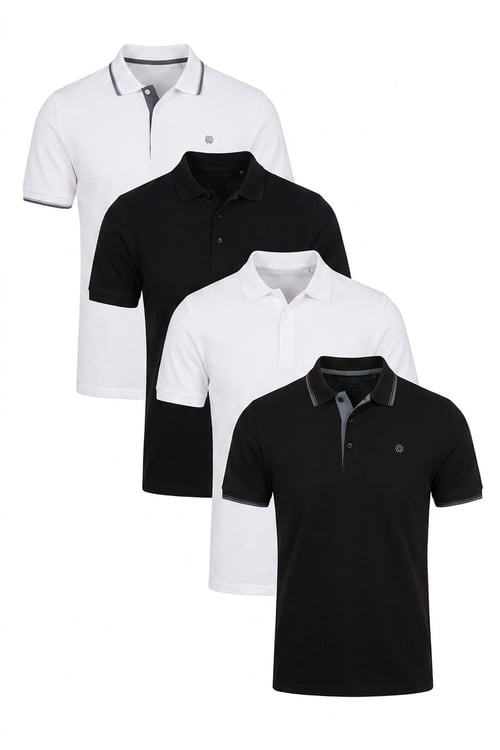 Pamuklu Regular Fit Düğmeli Polo Yaka 4'lü Paket T Shirt Erkek Polo Yaka T Shirt 590211827S4 Siyah-Beyaz-Beyaz-Siyah