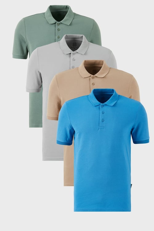 Pamuklu Regular Fit Düğmeli Polo Yaka 4'lü Paket Erkek T Shirt 5902127S4 Elma Yeşili-Koyu Mavi-Kül-Vizon