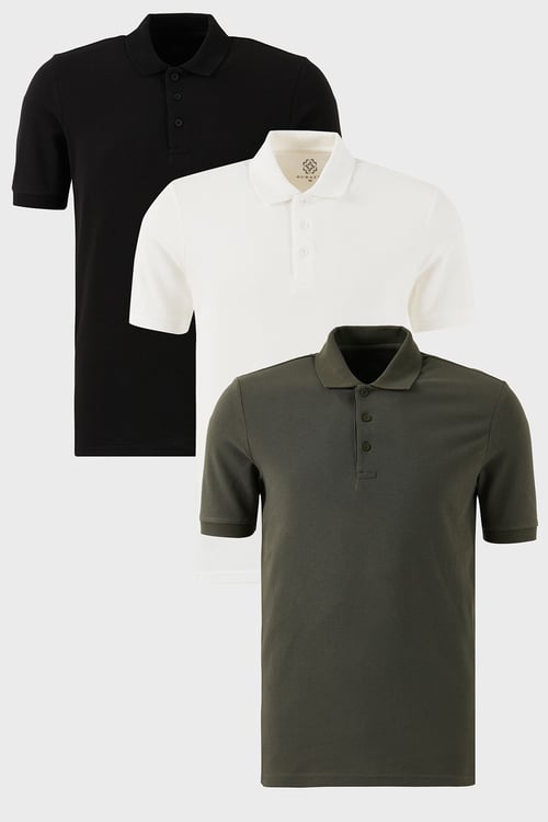Pamuklu Regular Fit Düğmeli Polo Yaka 3'lü Paket Erkek T Shirt 5902127S3 SİYAH-BEYAZ-HAKİ