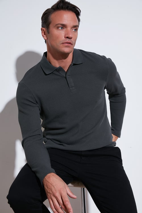 Pamuklu Regular Fit Düğmeli Polo Yaka Erkek Sweat 5905708 ANTRASİT