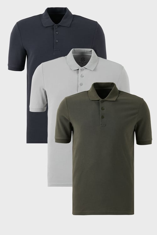 Pamuklu Regular Fit Düğmeli Polo Yaka 3'lü Paket Erkek T Shirt 5902127S3 Antrasit-Haki-Kül