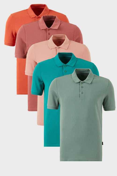 Pamuklu Regular Fit Düğmeli Polo Yaka 5'li Paket Erkek T Shirt 5902127S5 Tarçın-Pudra-Benetton-Gül-Elma Yeşili