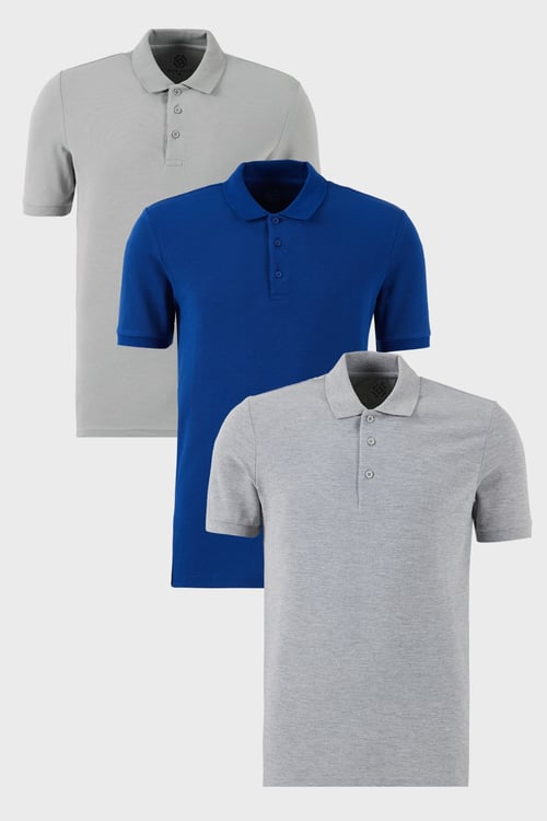 Pamuklu Regular Fit Düğmeli Polo Yaka 3'lü Paket Erkek T Shirt 5902127S3 Gri Melanj-Saks-Kül
