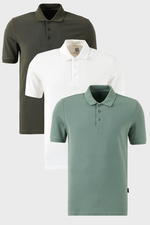 Pamuklu Regular Fit Düğmeli Polo Yaka 3'lü Paket Erkek T Shirt 5902127S3 Beyaz-Haki-Elma Yeşili