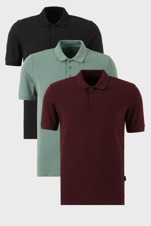 Pamuklu Regular Fit Düğmeli Polo Yaka 3'lü Paket Erkek T Shirt 5902127S3 Siyah-Vişne-Elma Yeşili