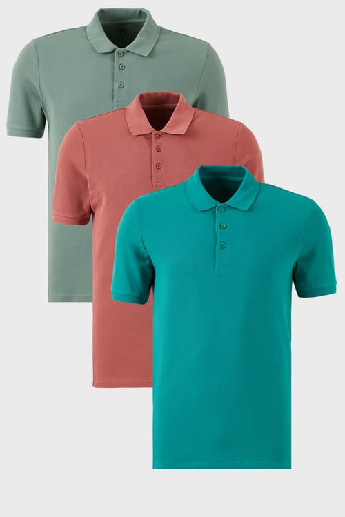 Pamuklu Regular Fit Düğmeli Polo Yaka 3'lü Paket Erkek T Shirt 5902127S3 Benetton-Gül-Elma Yeşili