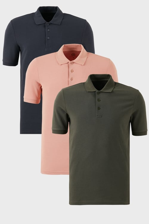 Pamuklu Regular Fit Düğmeli Polo Yaka 3'lü Paket Erkek T Shirt 5902127S3 Antrasit-Haki-Pudra
