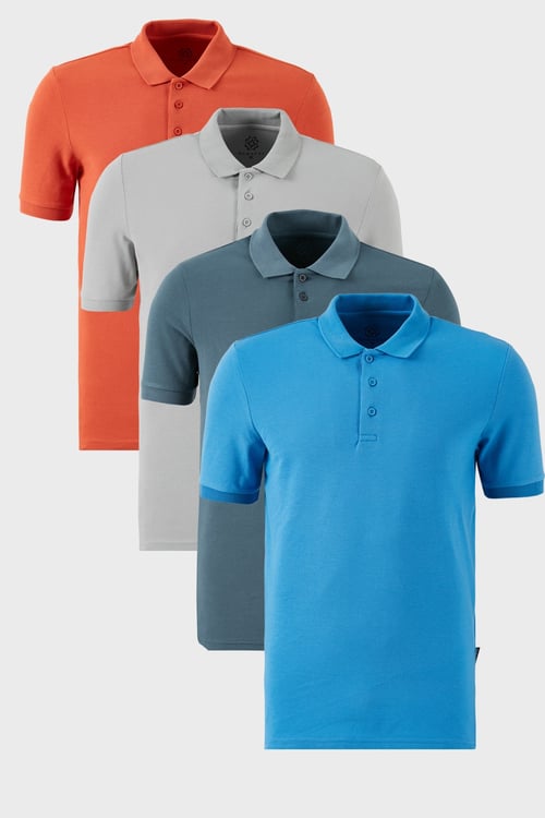 Pamuklu Regular Fit Düğmeli Polo Yaka 4'lü Paket Erkek T Shirt 5902127S4 Tarçın-Koyu Mavi-Kül-Petrol