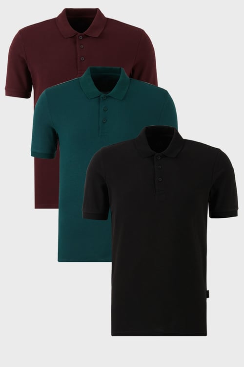 Pamuklu Regular Fit Düğmeli Polo Yaka 3'lü Paket Erkek T Shirt 5902127S3 Siyah-Vişne-Yeşil