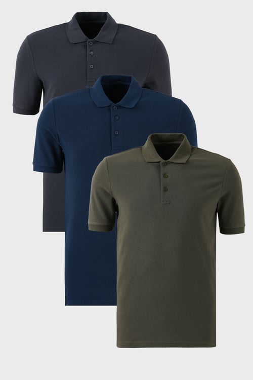 Pamuklu Regular Fit Düğmeli Polo Yaka 3'lü Paket Erkek T Shirt 5902127S3 Antrasit-Haki-İndigo