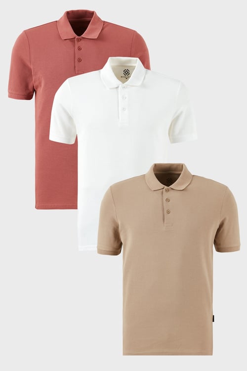 Pamuklu Regular Fit Düğmeli Polo Yaka 3'lü Paket Erkek T Shirt 5902127S3 Beyaz-Gül-Vizon