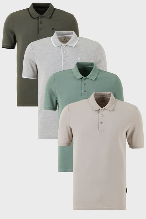 Pamuklu Regular Fit Düğmeli Polo Yaka 4'lü Paket T Shirt Erkek Polo Yaka T Shirt 590211827S4 Kül-Elma Yeşili-Gri Melanj-Haki