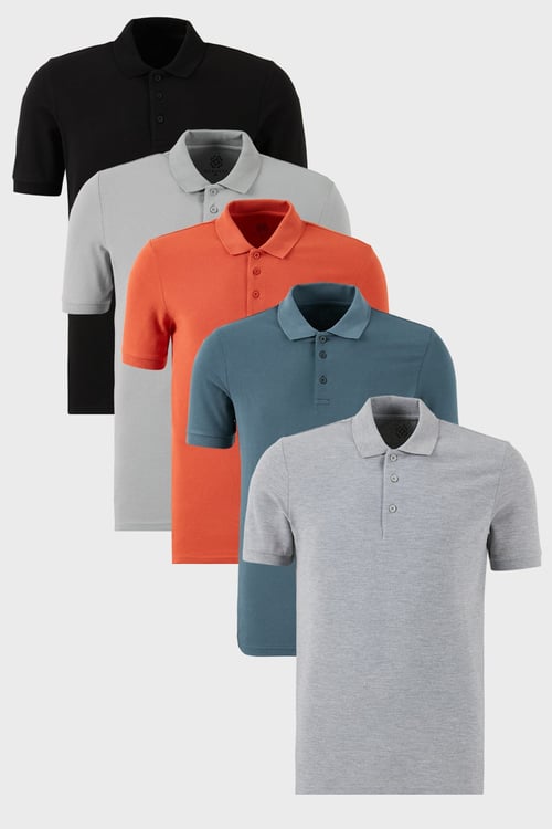 Pamuklu Regular Fit Düğmeli Polo Yaka 5'li Paket Erkek T Shirt 5902127S5 Siyah-Gri Melanj-Tarçın-Kül-Petrol