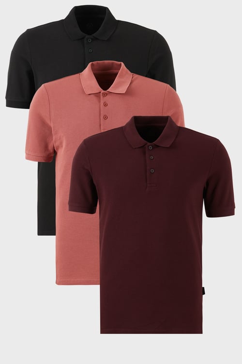 Pamuklu Regular Fit Düğmeli Polo Yaka 3'lü Paket Erkek T Shirt 5902127S3 Siyah-Vişne-Gül