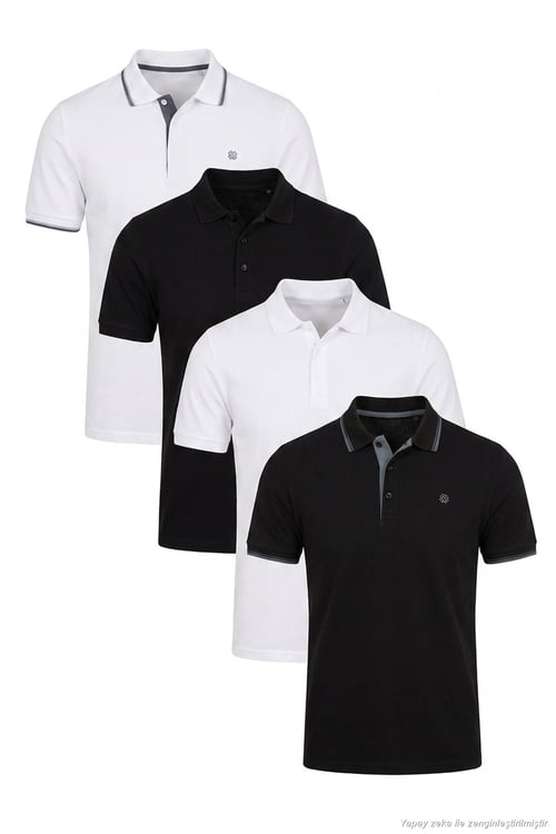 Pamuklu Regular Fit Düğmeli Polo Yaka 4'lü Paket T Shirt Erkek Polo Yaka T Shirt 590211827S4 Siyah-Beyaz-Beyaz-Siyah