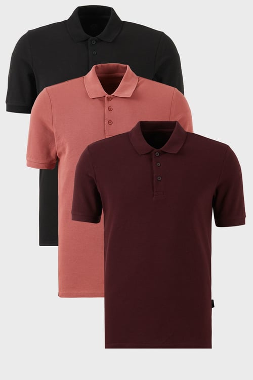 Pamuklu Regular Fit Düğmeli Polo Yaka 3'lü Paket Erkek T Shirt 5902127S3 Siyah-Vişne-Gül