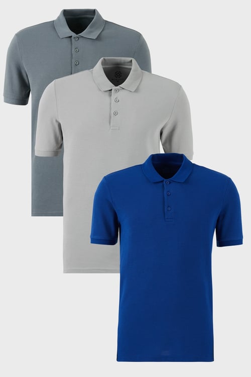 Pamuklu Regular Fit Düğmeli Polo Yaka 3'lü Paket Erkek T Shirt 5902127S3 Saks-Açık Haki-Kül