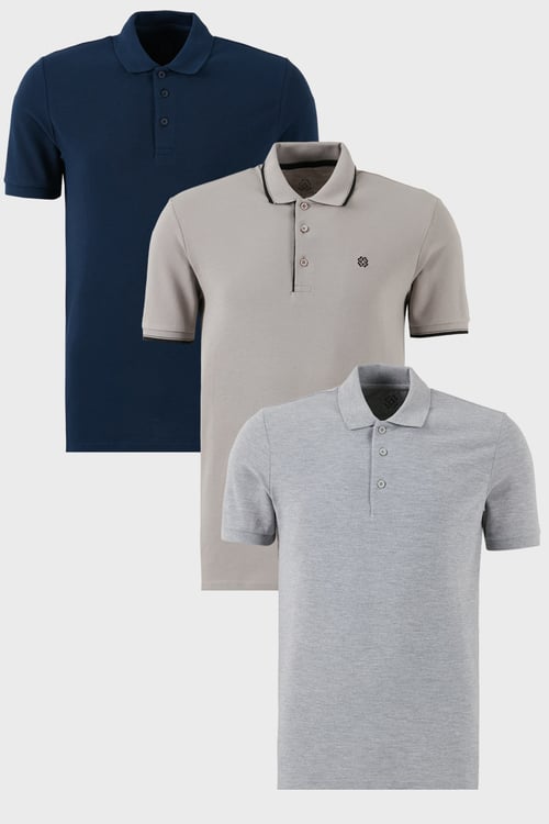 Pamuklu Regular Fit Düğmeli Polo Yaka 3'lü Paket Erkek T Shirt 590211827S3 Gri Melanj-İndigo-Taş