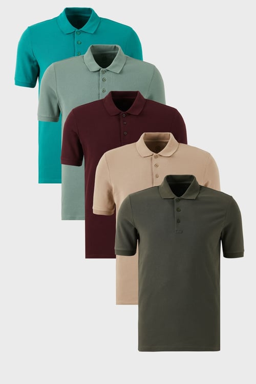 Pamuklu Regular Fit Düğmeli Polo Yaka 5'li Paket Erkek T Shirt 5902127S5 Vişne-Haki-Benetton-Elma Yeşil-Vizon