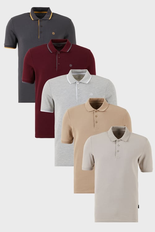 Pamuklu Regular Fit Düğmeli Polo Yaka 5'li Paket Erkek T Shirt 590211827S5 Vizon-Kül-Gri Melanj-Antrasit-Vişne