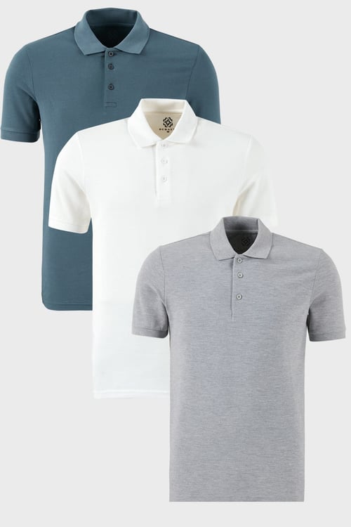 Pamuklu Regular Fit Düğmeli Polo Yaka 3'lü Paket Erkek T Shirt 5902127S3 Petrol-Gri Melanj-Beyaz